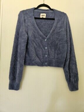 Aerie Marbled Blue Fuzzy Eyelash Knit Cropped Cardigan Sweater M V-Neck Button F